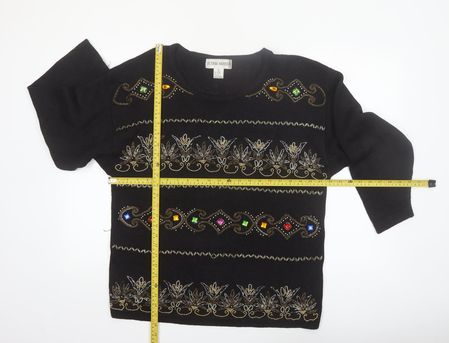Victoria Harbour Womens Black L Beaded Knit Jumper Vintage Pullover