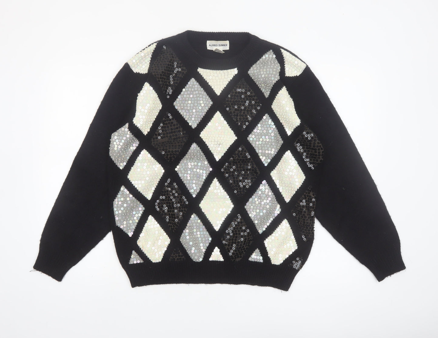 Alfred Dunner Women's Black Sequin Argyle Acrylic Jumper L