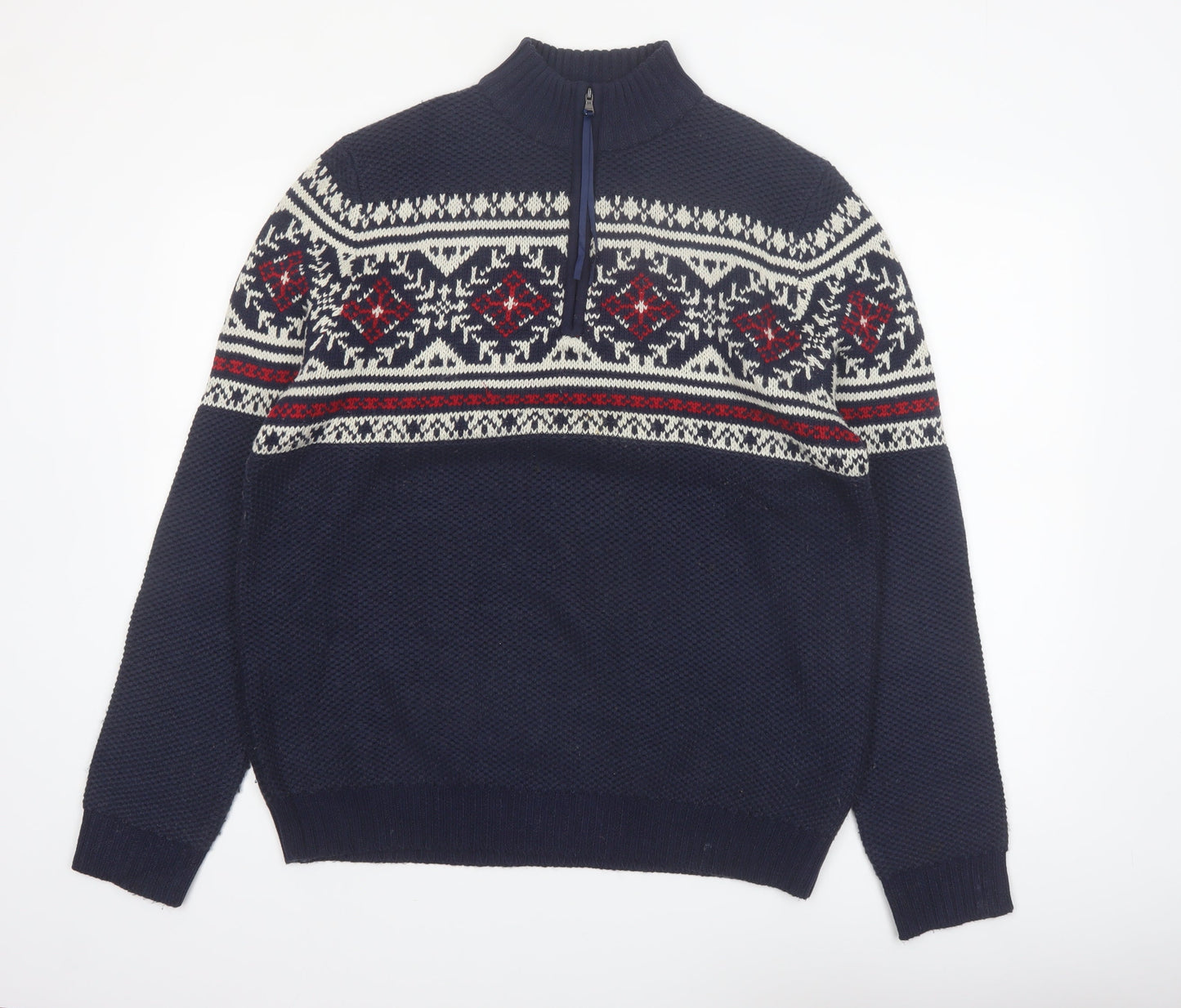 IZOD Men's Blue Fair Isle 1/4 Zip Cotton Knit Jumper Size M