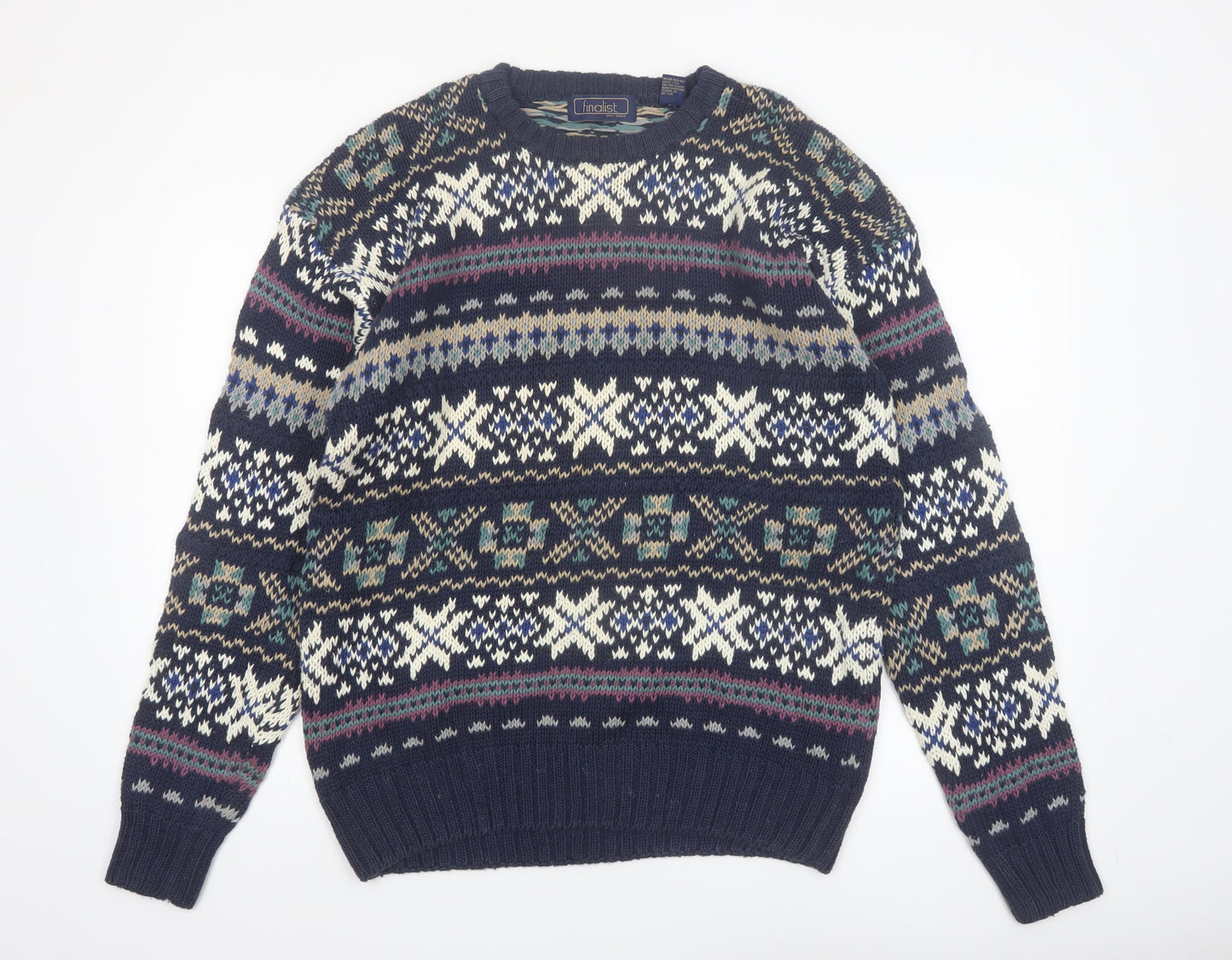 Finalist Men's Blue Fair Isle Crew Neck Wool Blend Jumper L