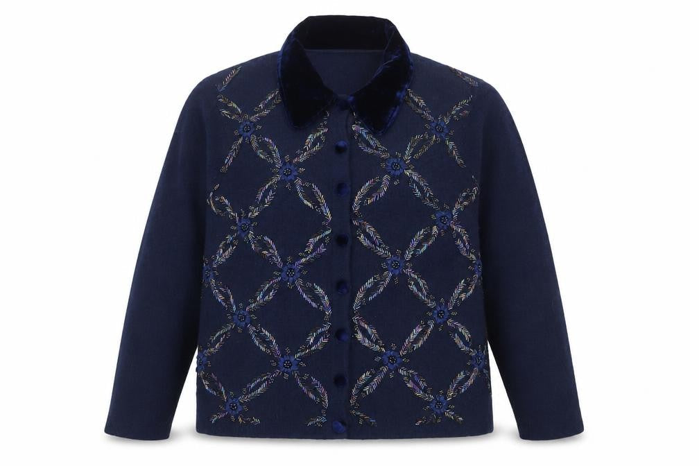 Talbots Womens Blue Wool Angora Embroidered Collared Cardigan L