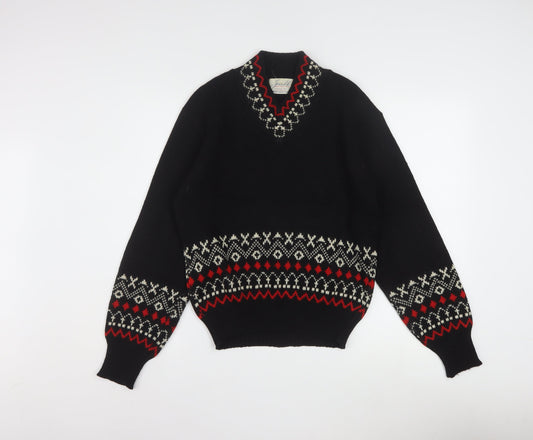 Jersild Women's Black Fair Isle Wool V-Neck Jumper Size M