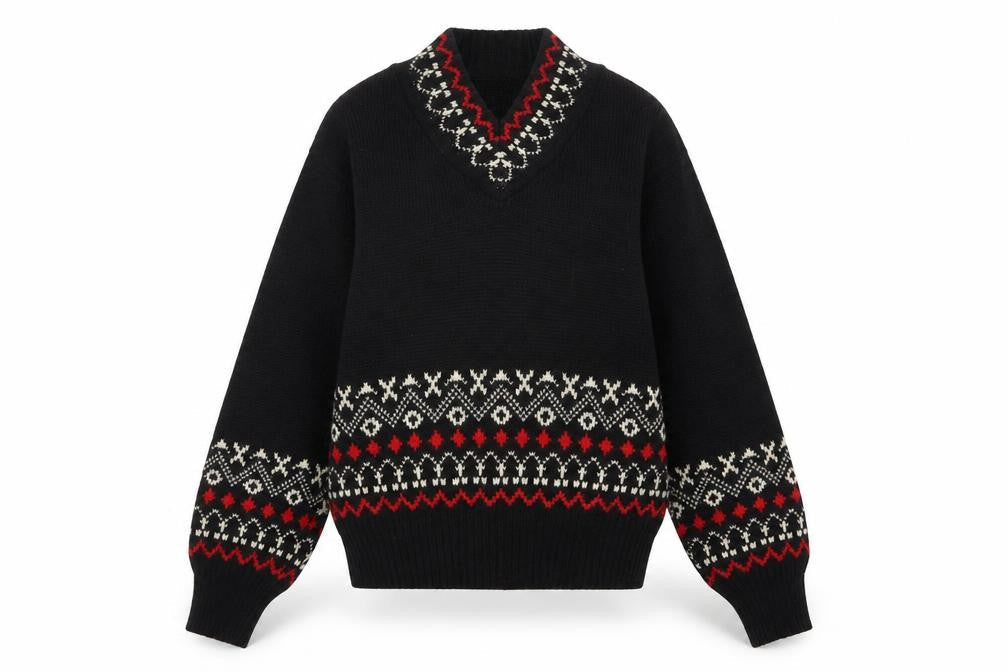 Jersild Women's Black Fair Isle Wool V-Neck Jumper Size M