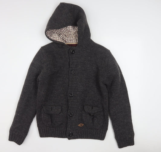 Superior Vintage Men's Grey Hooded Button Cardigan Jumper M