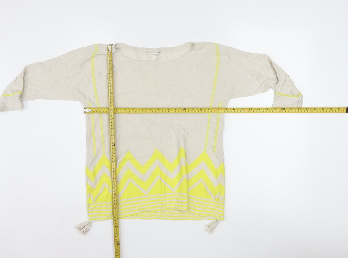 Monsoon Women Beige Yellow Tunic Top S Linen Cotton 3/4 Sleeve Boho Style