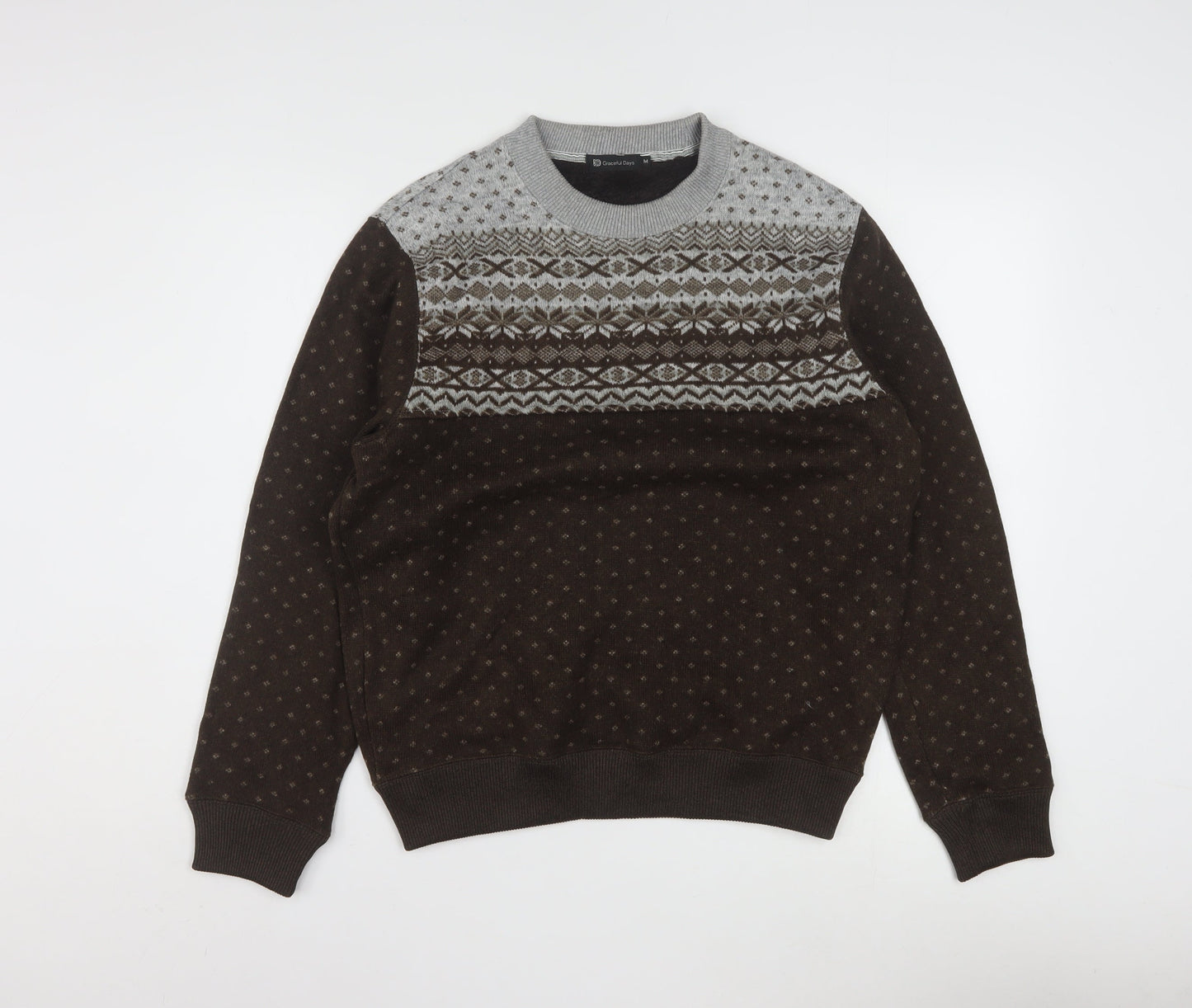 Graceful Days Men's Brown Fair Isle Knit Jumper M