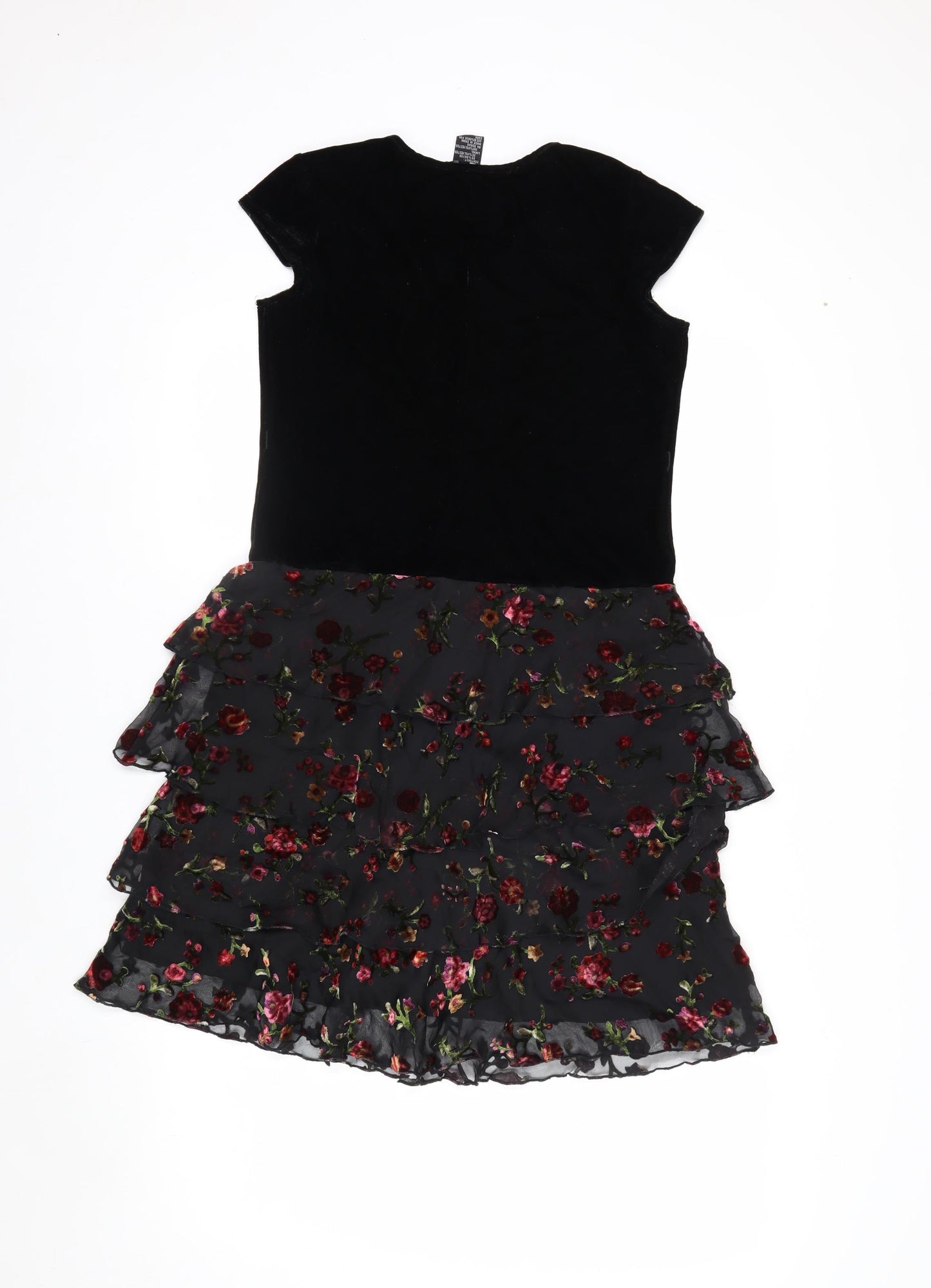 Hype Women's Black Floral Fit & Flare Dress Size 14 Velvet Chiffon Short Sleeve