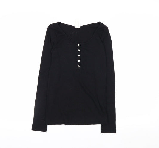 H&M Women Black Long Sleeve Henley T-Shirt Size S Cotton Blend