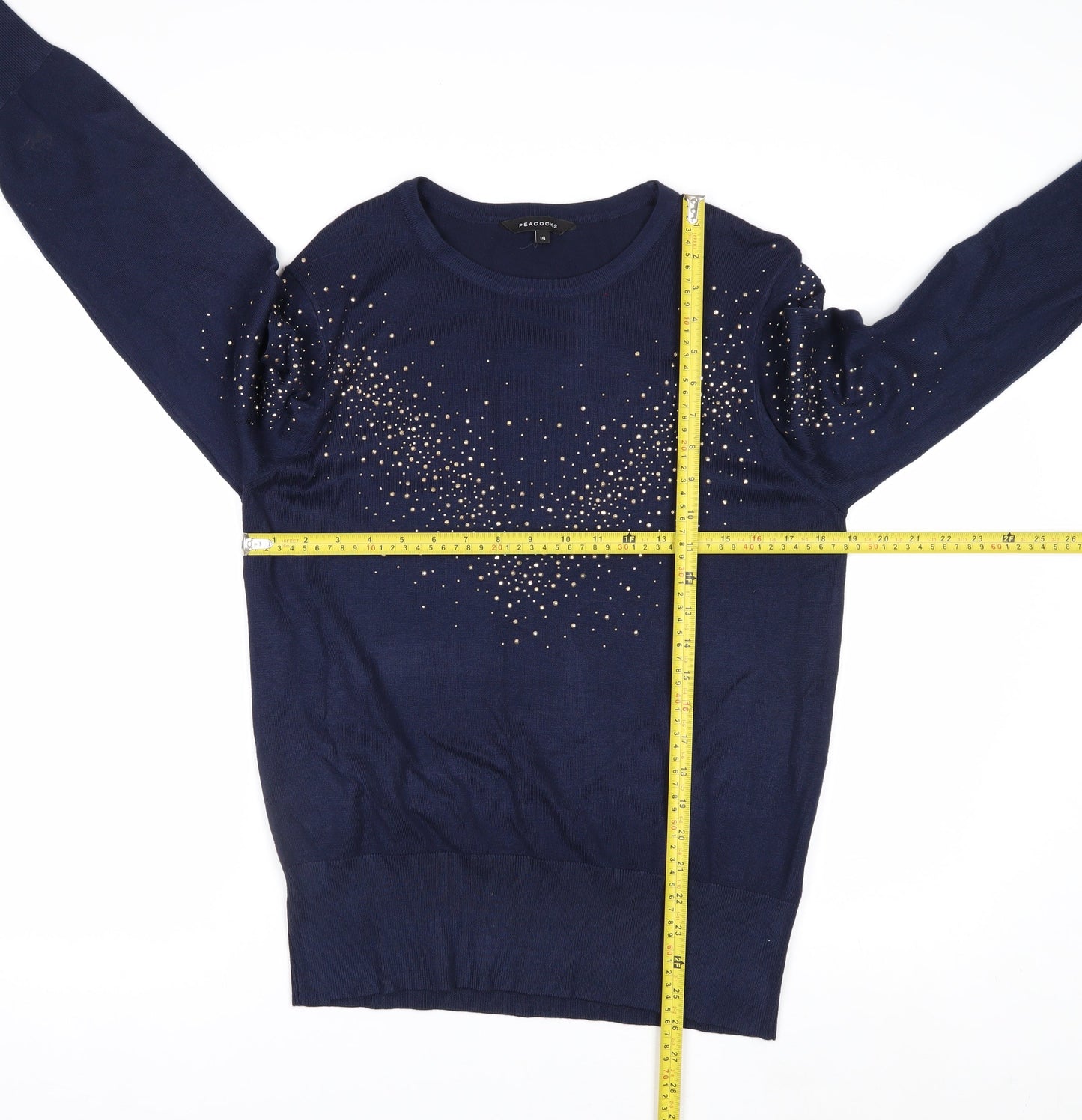 Peacocks Women Blue Beaded Crew Neck Long Sleeve Jumper Size 14