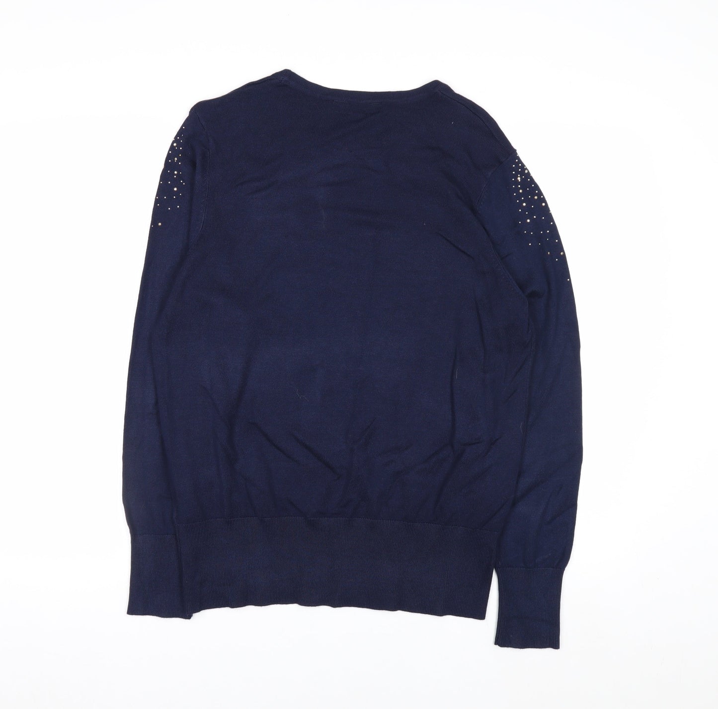 Peacocks Women Blue Beaded Crew Neck Long Sleeve Jumper Size 14