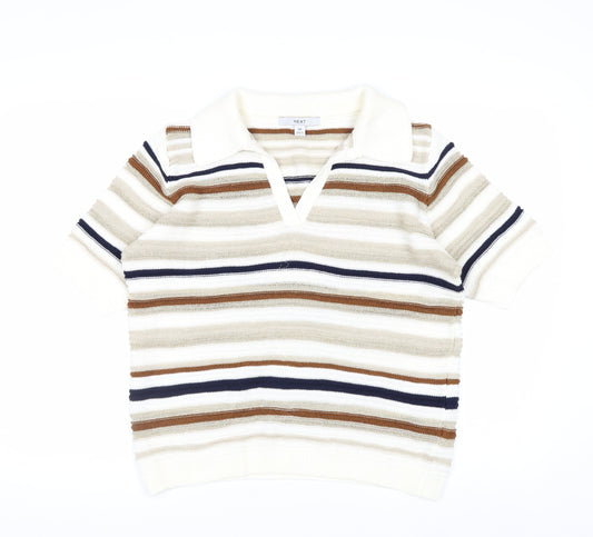 Next Men Beige Striped Collared Short Sleeve Pullover Jumper M