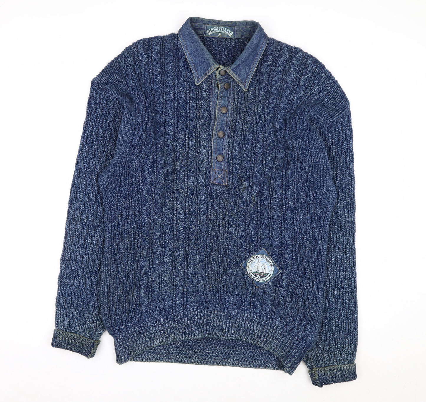 Blue Willi’s Men’s Blue Cable-Knit Henley Cotton Jumper S