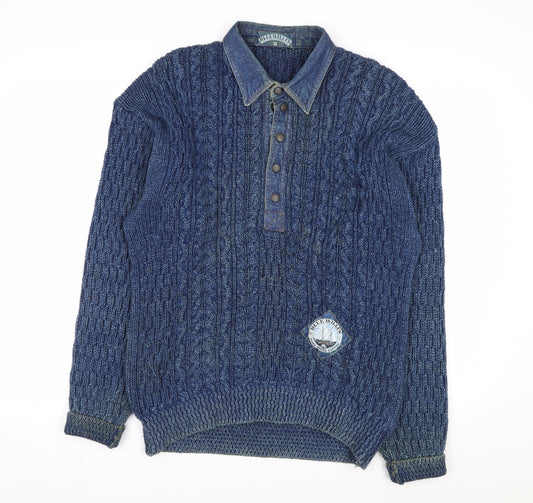 Blue Willi’s Men’s Blue Cable-Knit Henley Cotton Jumper S