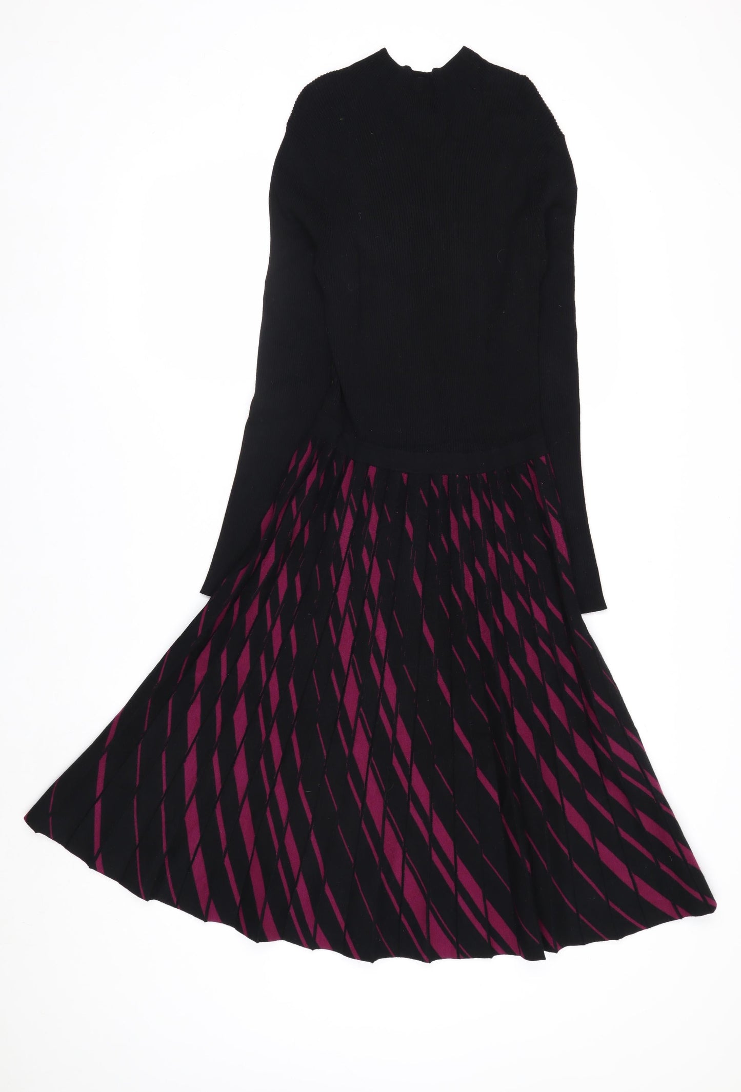Hobbs Women’s Black & Burgundy Knit Midi Fit & Flare Dress UK 10