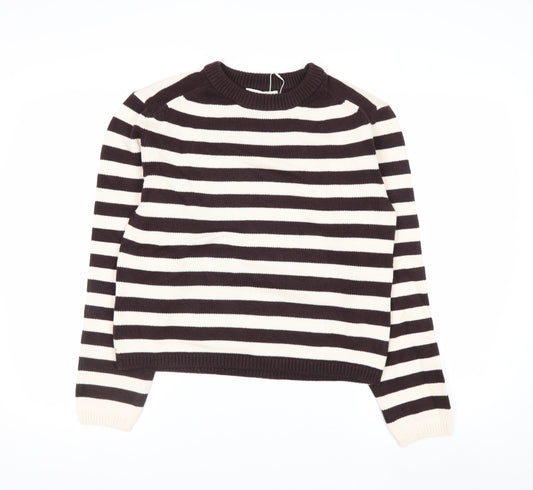 Marks and Spencer Women Brown Striped Crew Neck Cotton Jumper Size S