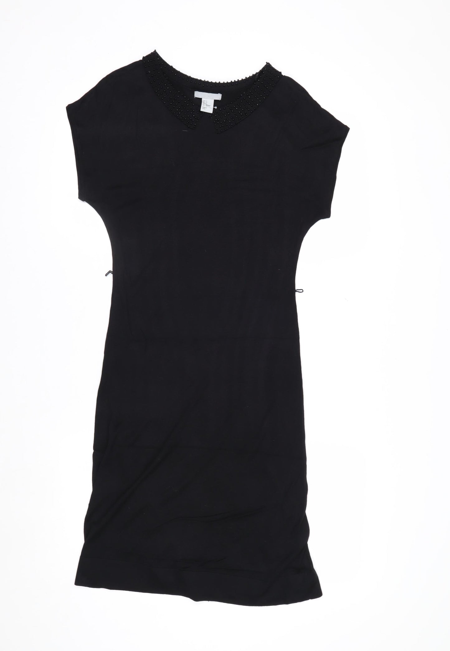 H&M Women Black Knee Length Shift Dress Size 8 Beaded Collar