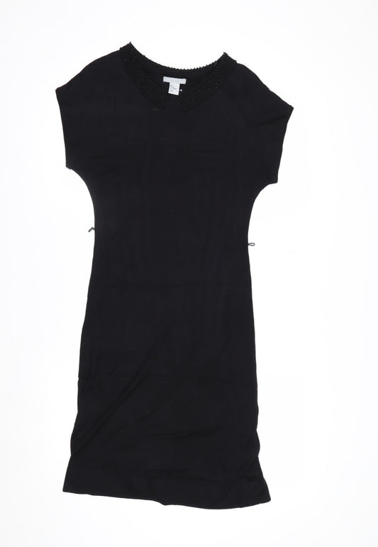 H&M Women Black Knee Length Shift Dress Size 8 Beaded Collar