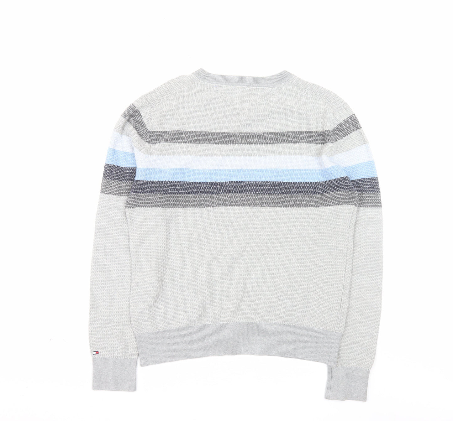 Tommy Hilfiger Men's Grey Striped Pima Cotton Crew Neck Jumper M