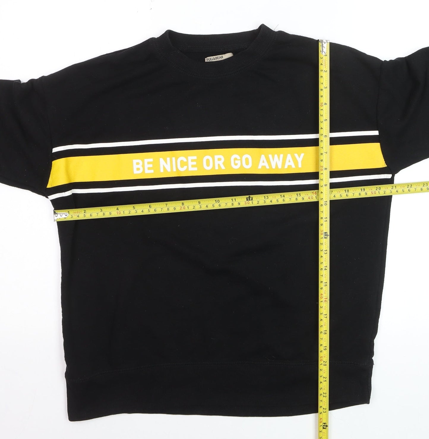 Pull&Bear Men's Black S Crew Neck Pullover Sweatshirt with Quote