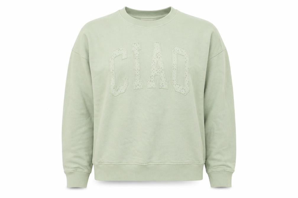 Tu Women’s Green Cotton Pullover Sweatshirt Medium ‘CIAO’ Embroidered