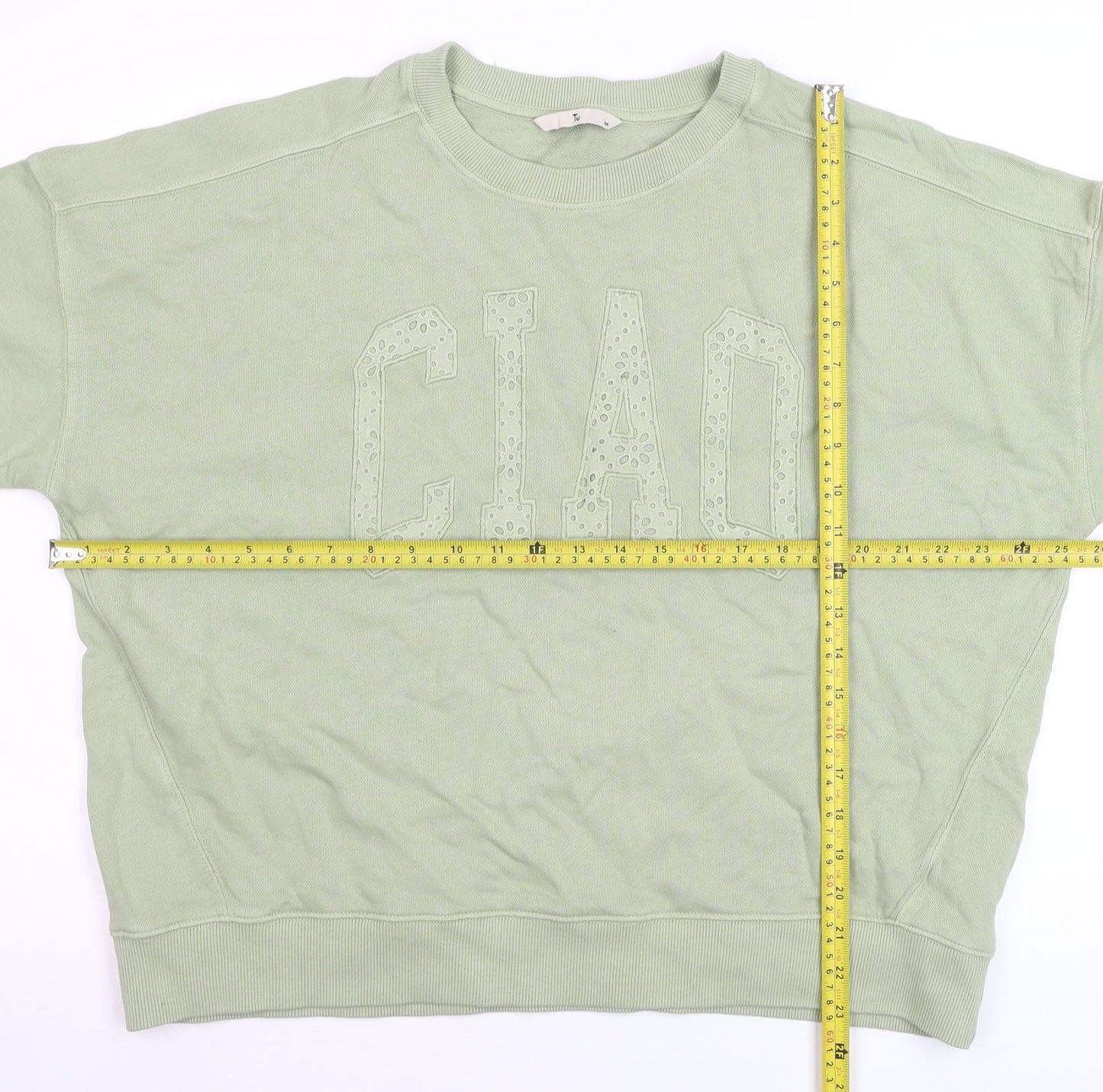 Tu Women’s Green Cotton Pullover Sweatshirt Medium ‘CIAO’ Embroidered