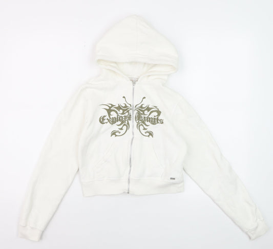 Pull & Bear Girls White Full Zip Graphic Hoodie XS