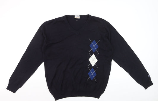 Maison Piacente Men's Blue Argyle V-Neck Cotton Knit Jumper M