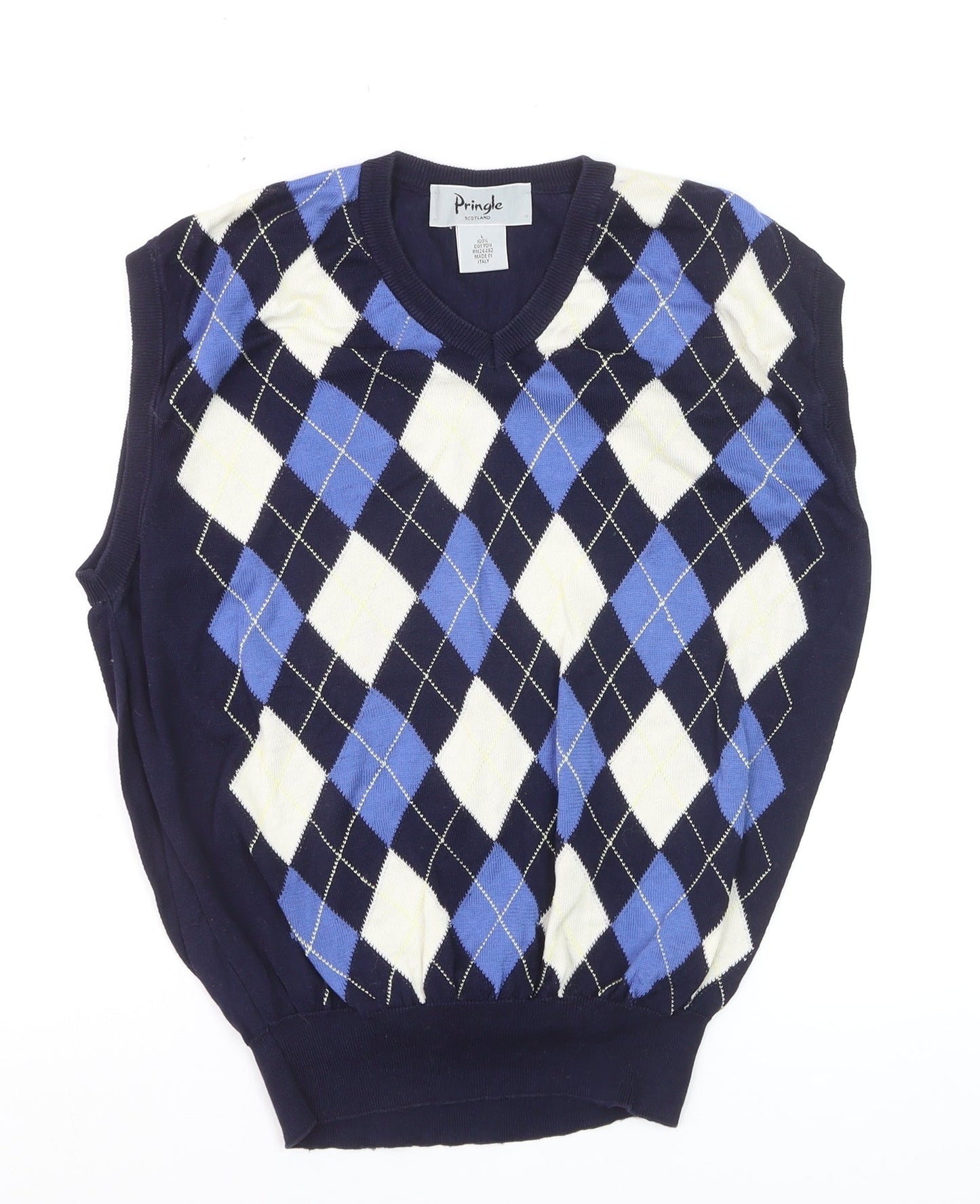 Pringle Men’s Blue Argyle Cotton Sleeveless Vest L Classic Knit Jumper