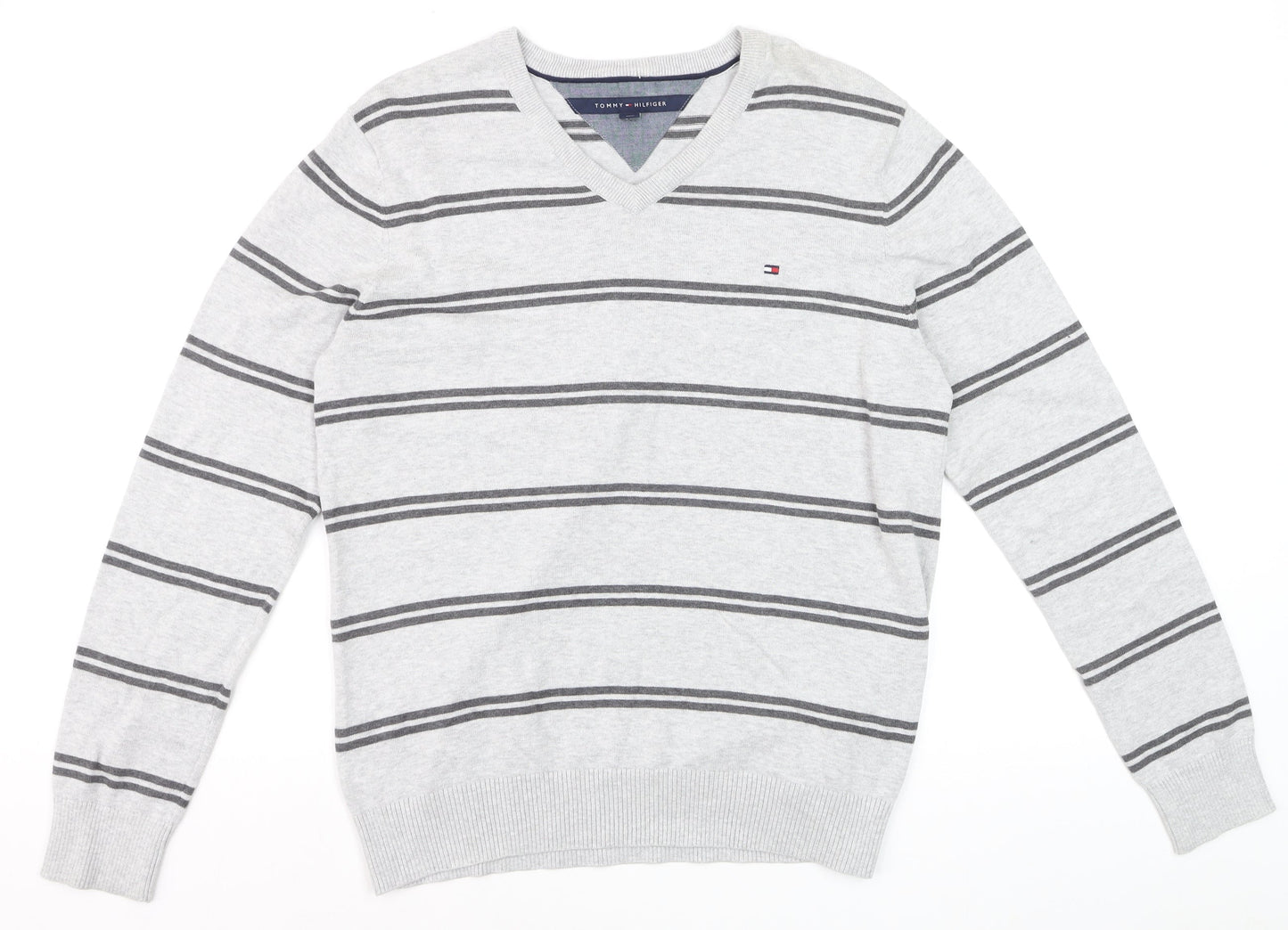 Tommy Hilfiger Men's Grey Striped Cotton V-Neck Jumper L
