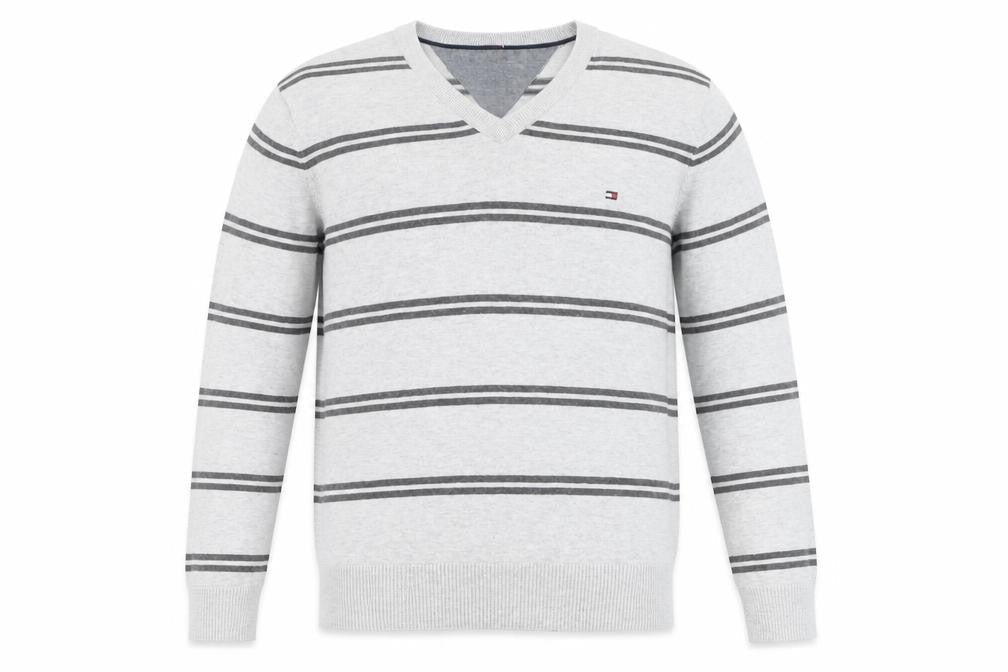 Tommy Hilfiger Men's Grey Striped Cotton V-Neck Jumper L