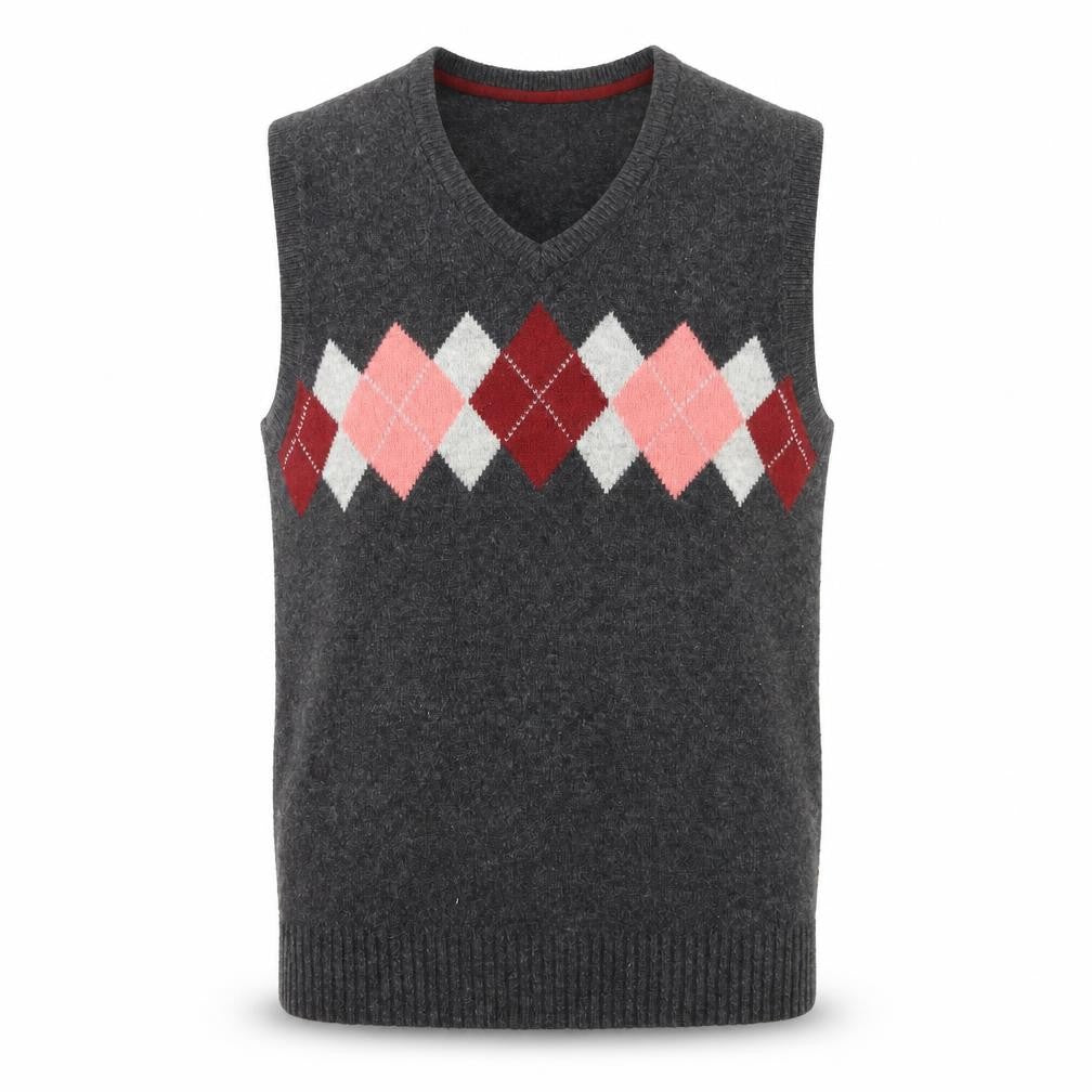 Le 31 Men's Grey Argyle Lambswool V-Neck Vest L Sleeveless Knit Jumper