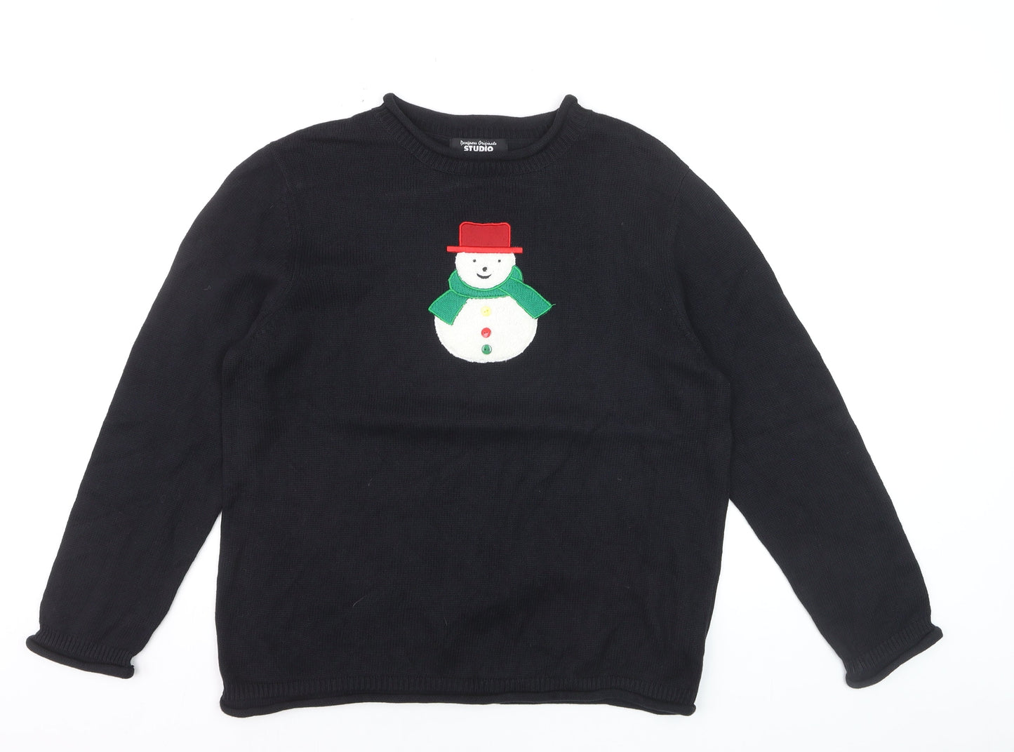 Designers Originals Studio Women Black L Pullover Christmas Jumper Snowman Cotton Knit