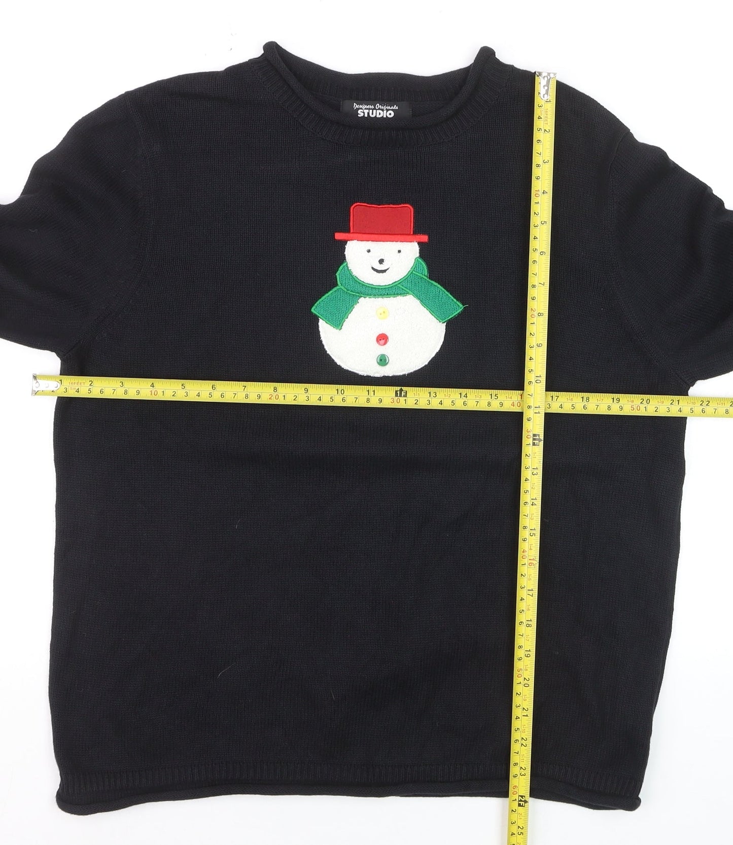Designers Originals Studio Women Black L Pullover Christmas Jumper Snowman Cotton Knit