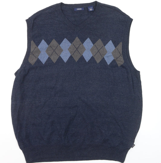 IZOD Men's Blue Argyle Sleeveless V-Neck Cotton Blend Knit Jumper Vest XL