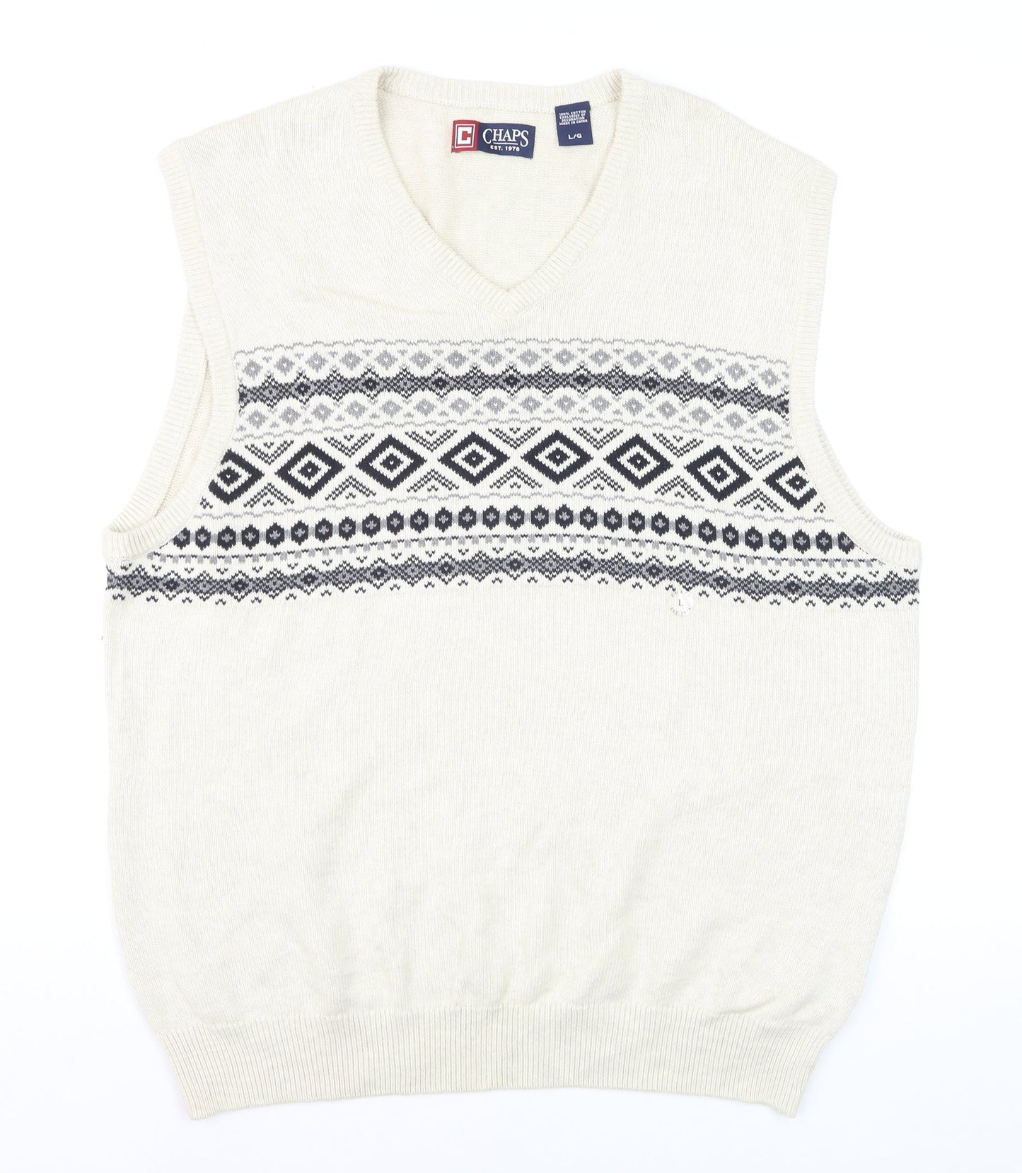 Chaps Men's Ivory Fair Isle Cotton V-Neck Sleeveless Jumper Vest L