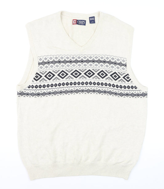 Chaps Men's Ivory Fair Isle Cotton V-Neck Sleeveless Jumper Vest L