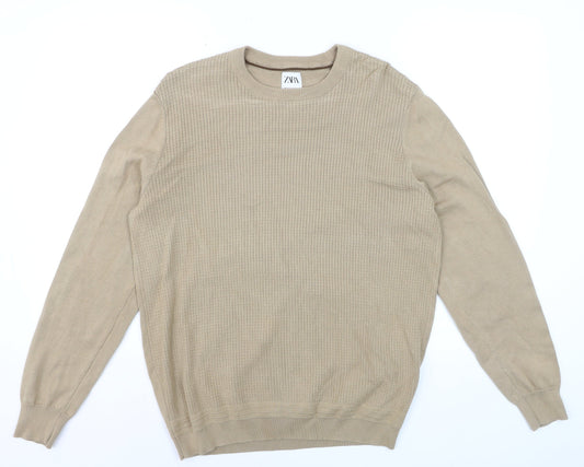 Zara Men’s Beige Cotton Knit Crew Neck Pullover Jumper M