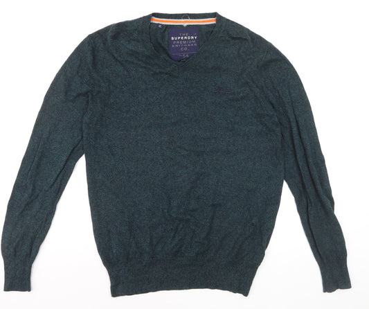 Superdry Men's Green V-Neck Knit Jumper Size L Cotton Blend