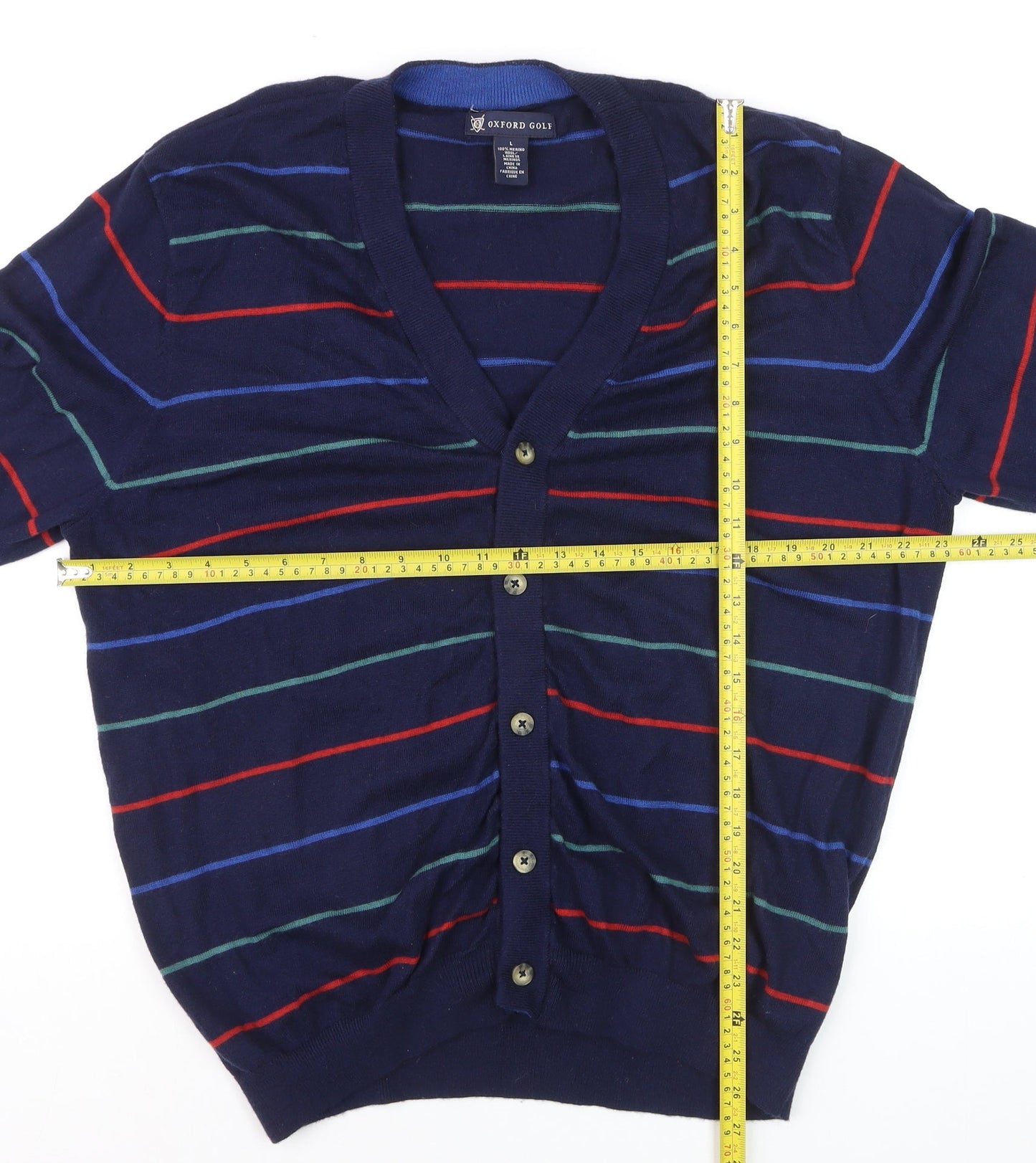 Oxford Golf Men's Blue Striped Merino Wool Cardigan L