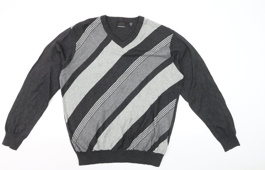 Greg Norman Men's Grey Striped V-Neck Cotton Pullover Jumper M