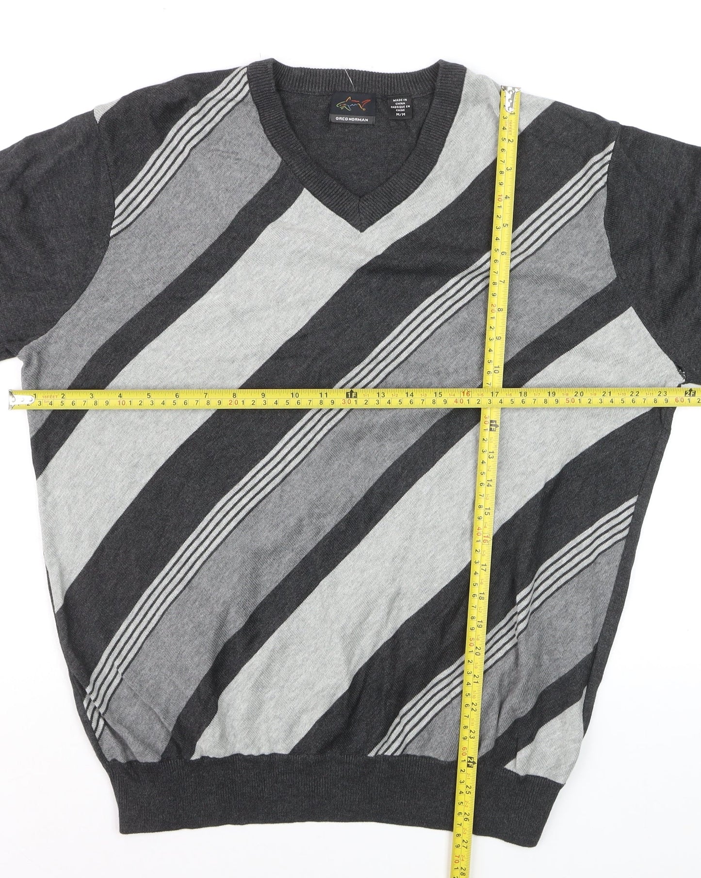 Greg Norman Men's Grey Striped V-Neck Cotton Pullover Jumper M