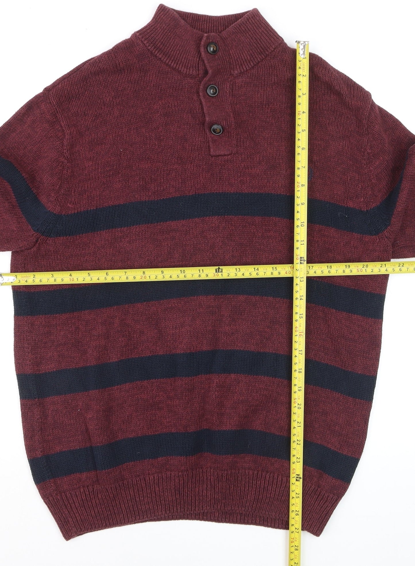 Chaps Men's Red Striped Cotton Henley Jumper Size L