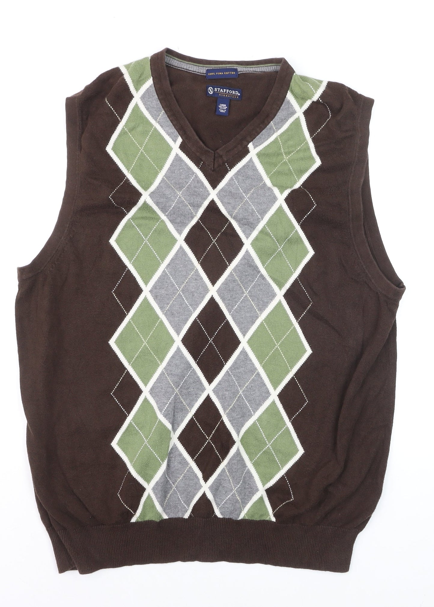 Stafford Men's Brown Argyle Cotton V-Neck Sweater Vest Size L