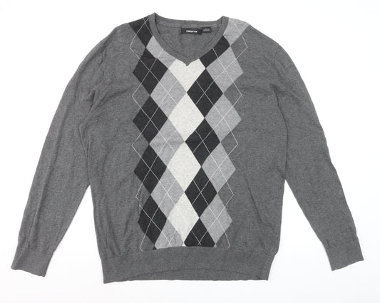 Claiborne Men's Grey Argyle V-Neck Cotton Jumper Size L