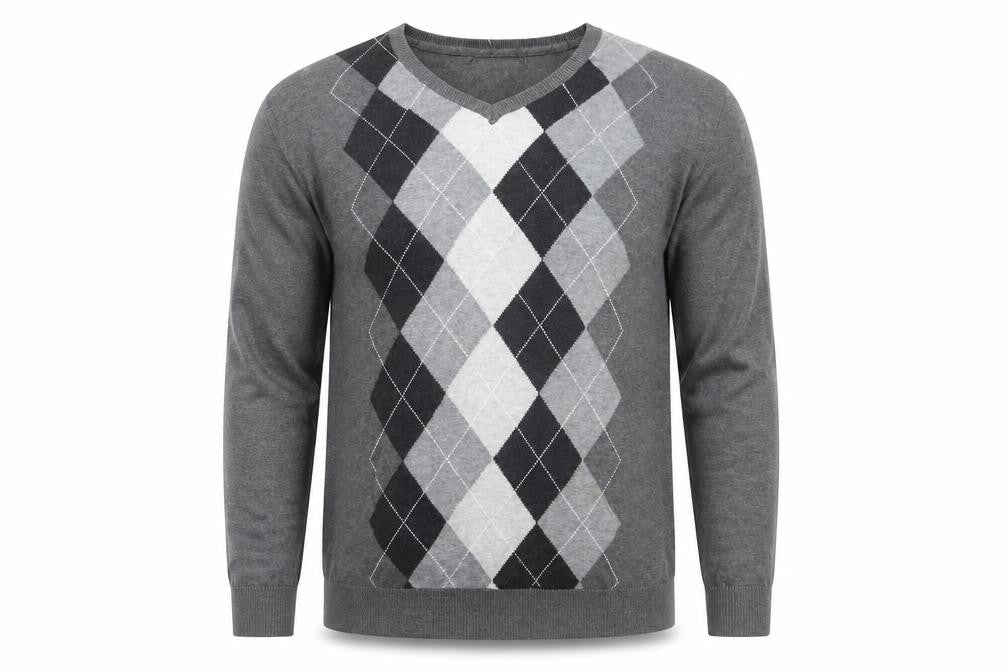 Claiborne Men's Grey Argyle V-Neck Cotton Jumper Size L