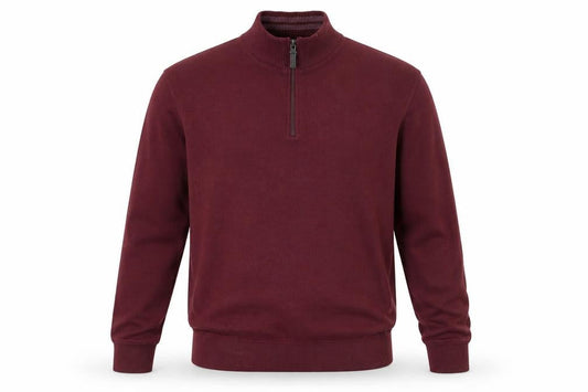 Front view of Maine New England Men’s Red Cotton 1/4 Zip High Neck Jumper, size M