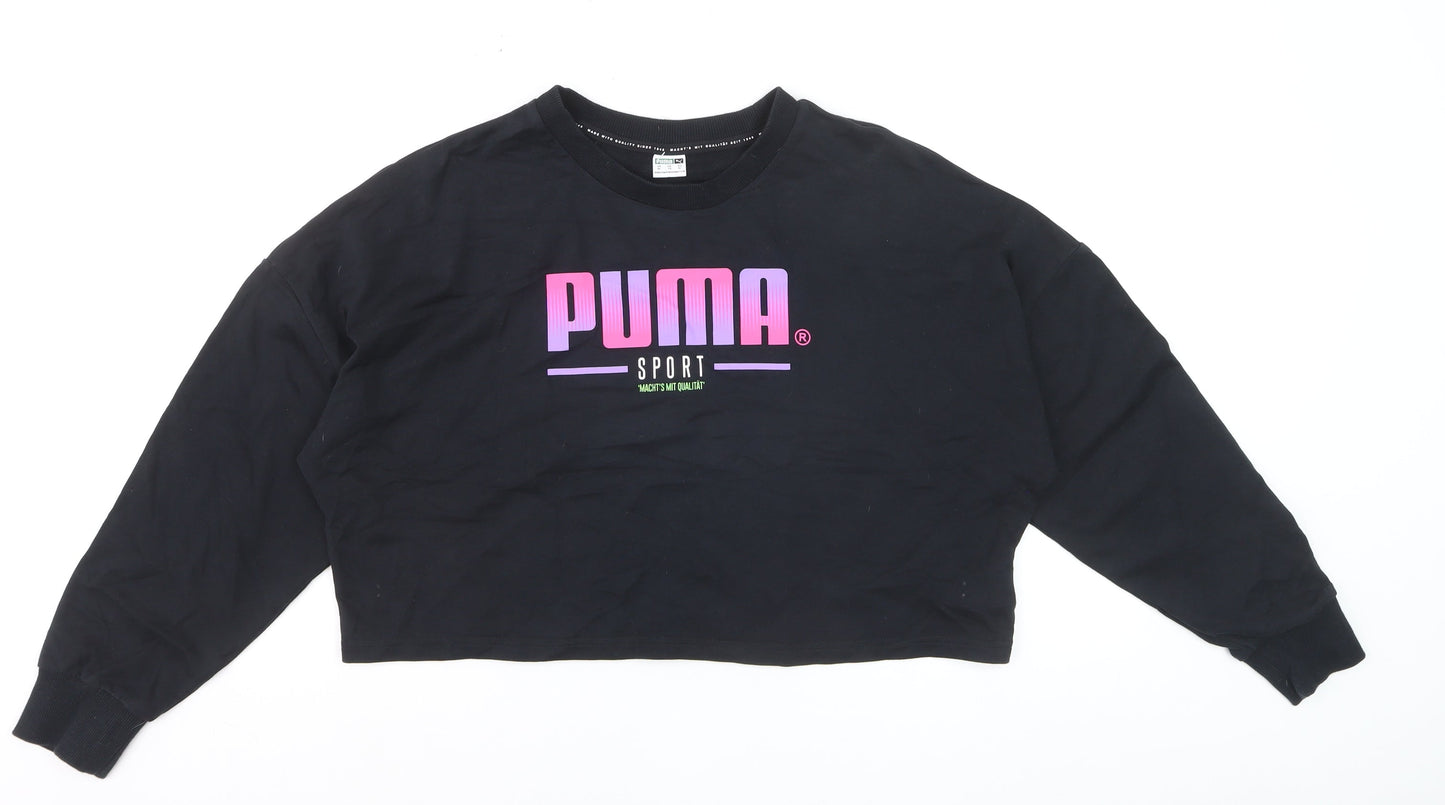 Puma Womens Black XL Cropped Pullover Sweatshirt with Logo Print