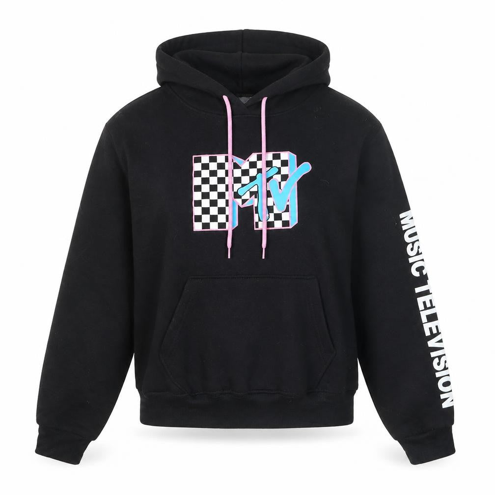 MTV Black Hoodie Women Medium Pullover Logo Graphic Print Sweatshirt