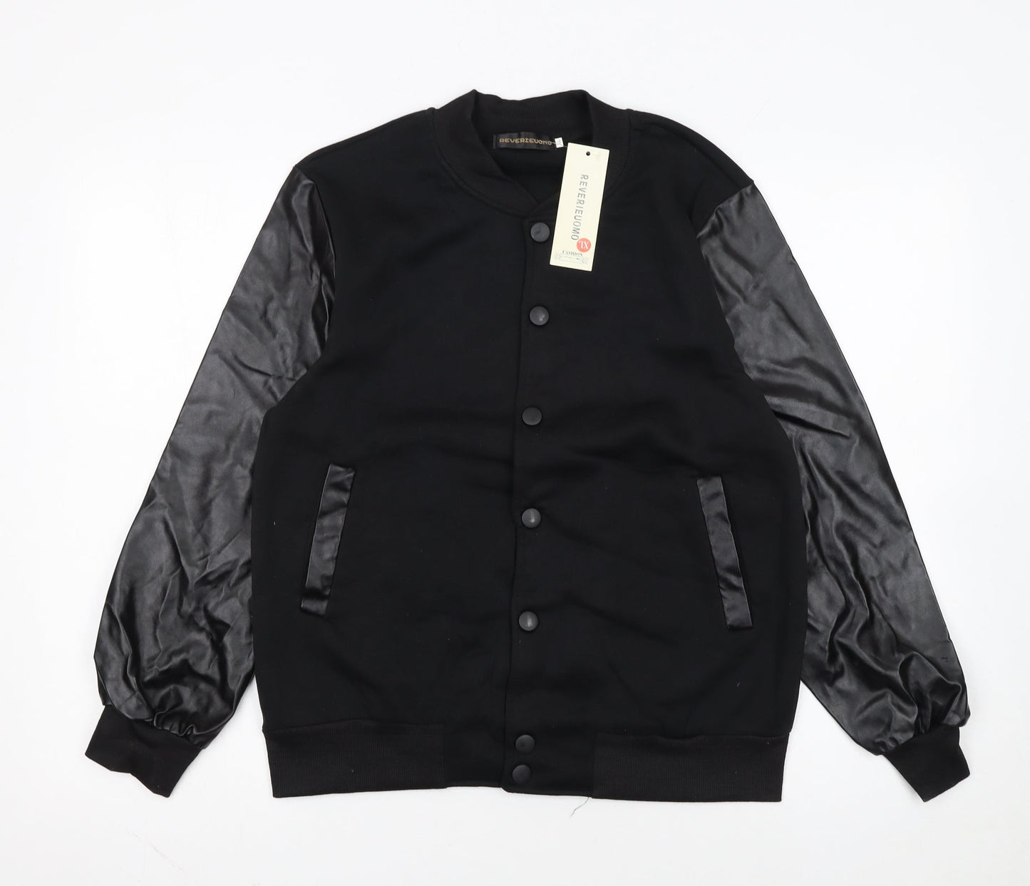 Reverieuomo Unisex Black XL Varsity Jacket Faux Leather Sleeves