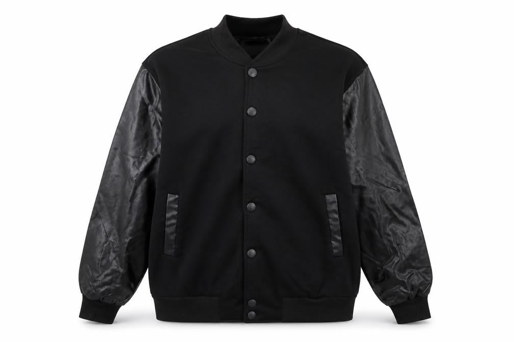 Reverieuomo Unisex Black XL Varsity Jacket Faux Leather Sleeves
